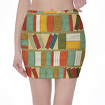Watercolor Bookshelf Pattern Print Pencil Mini Skirt