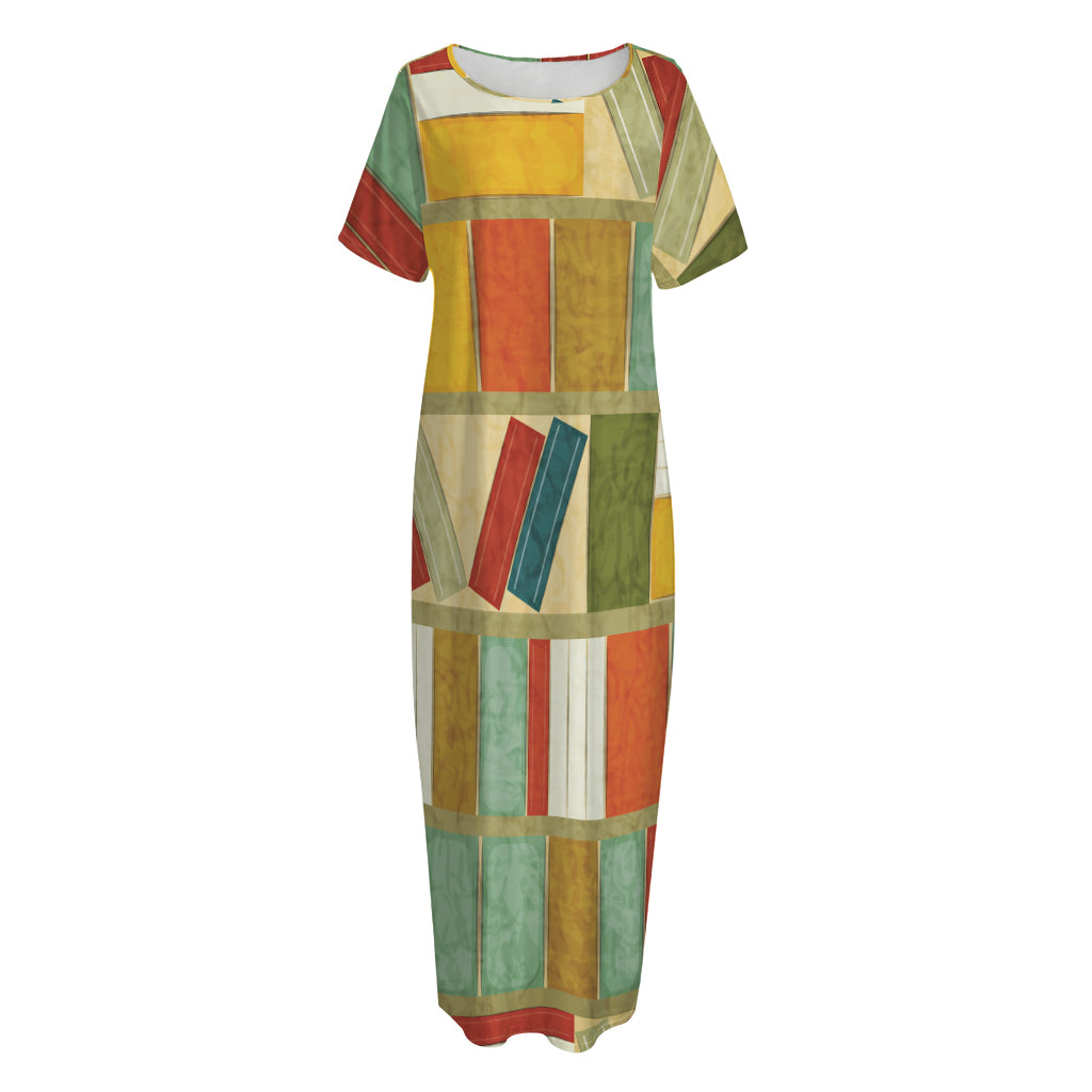 Watercolor Bookshelf Pattern Print Short Sleeve Long Nightdress