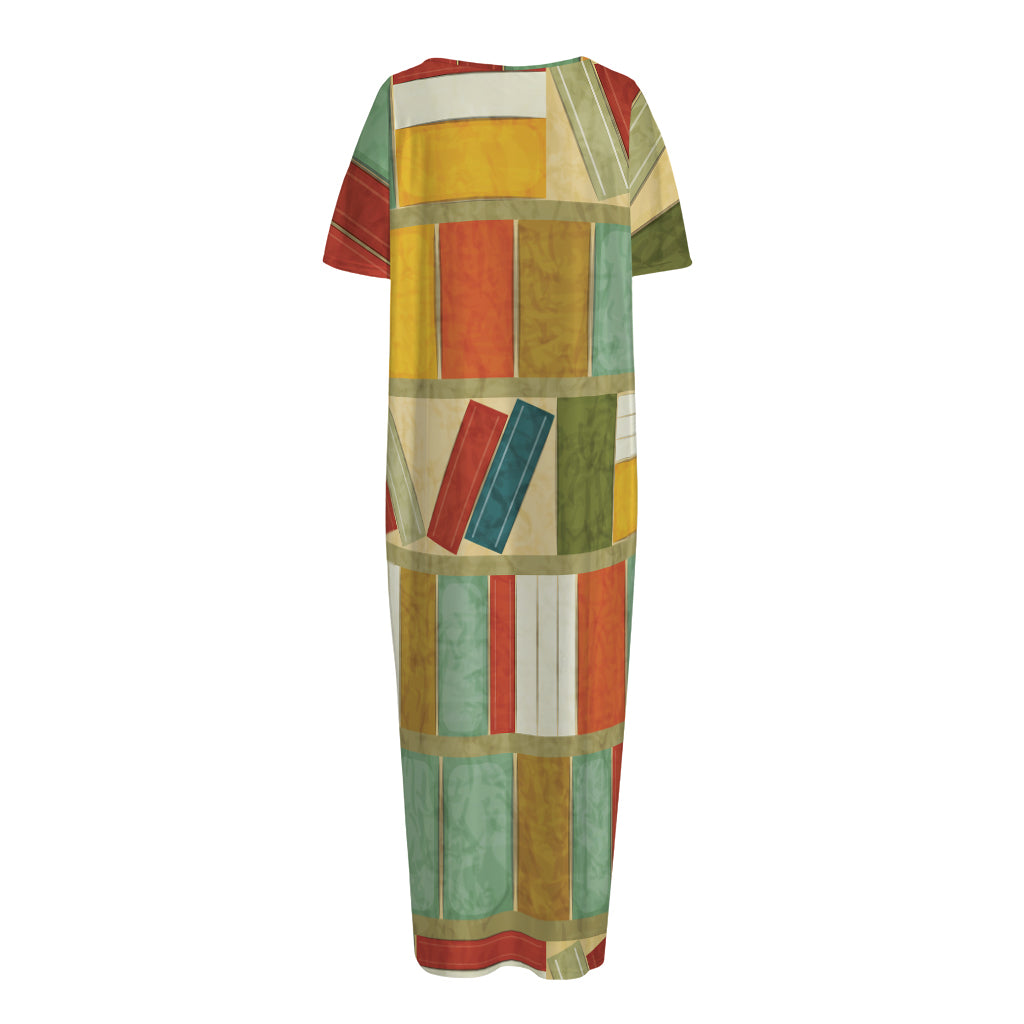 Watercolor Bookshelf Pattern Print Short Sleeve Long Nightdress
