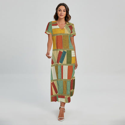 Watercolor Bookshelf Pattern Print Short Sleeve Maxi Dress