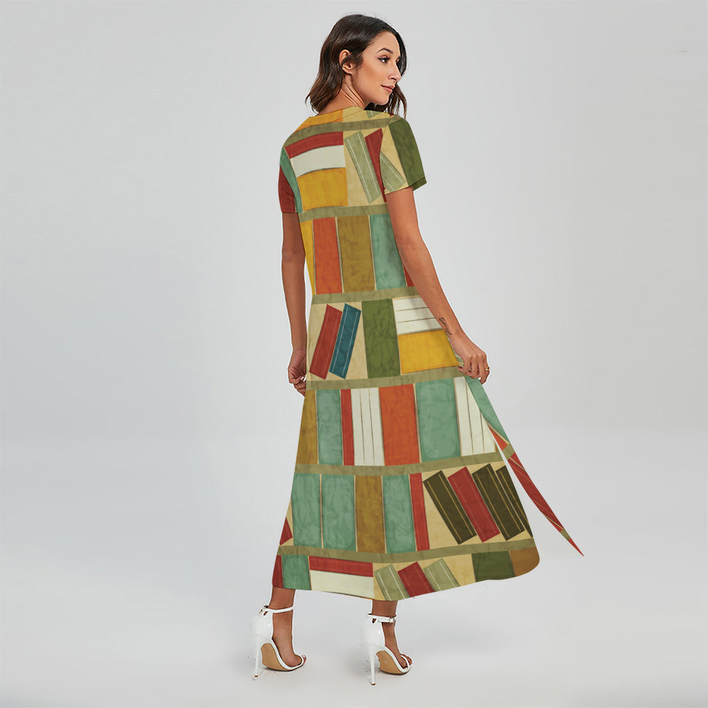 Watercolor Bookshelf Pattern Print Short Sleeve Maxi Dress