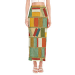 Watercolor Bookshelf Pattern Print Side Slit Maxi Skirt