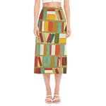 Watercolor Bookshelf Pattern Print Side Slit Midi Skirt