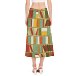 Watercolor Bookshelf Pattern Print Side Slit Midi Skirt