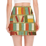 Watercolor Bookshelf Pattern Print Side Slit Mini Skirt