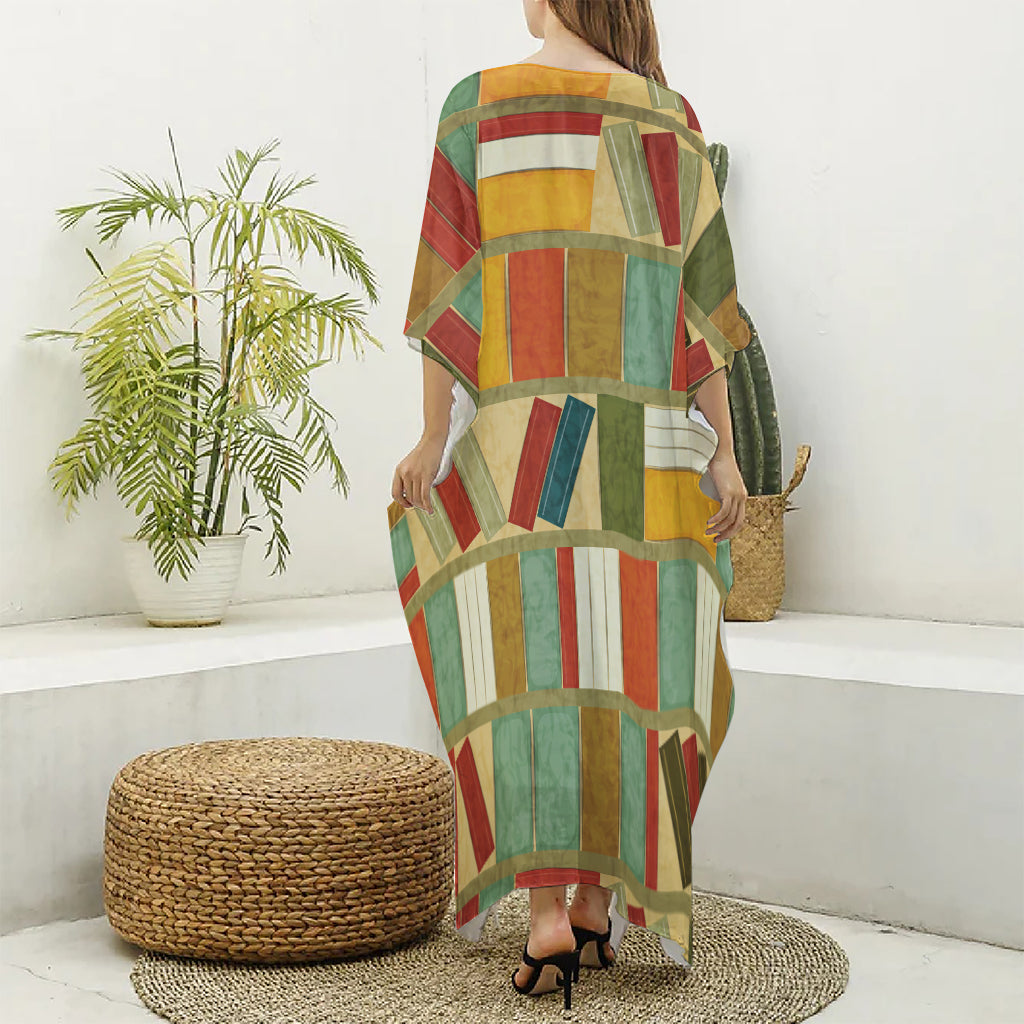 Watercolor Bookshelf Pattern Print Silk V-Neck Kaftan Dress