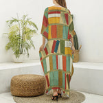 Watercolor Bookshelf Pattern Print Silk V-Neck Kaftan Dress