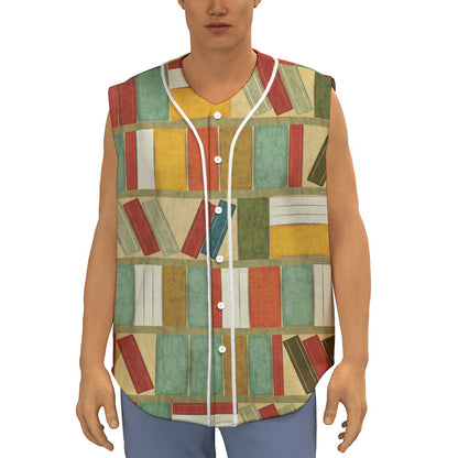 Watercolor Bookshelf Pattern Print Sleeveless Baseball Jersey
