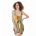 Watercolor Bookshelf Pattern Print Sleeveless Bodycon Dress