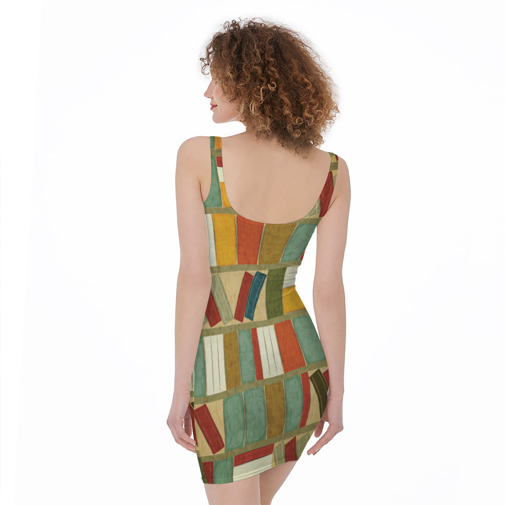 Watercolor Bookshelf Pattern Print Sleeveless Bodycon Dress