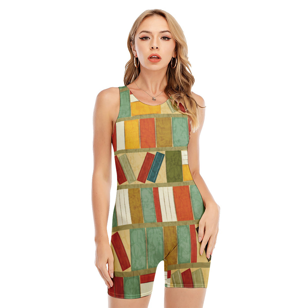 Watercolor Bookshelf Pattern Print Sleeveless One Piece Swimsuit