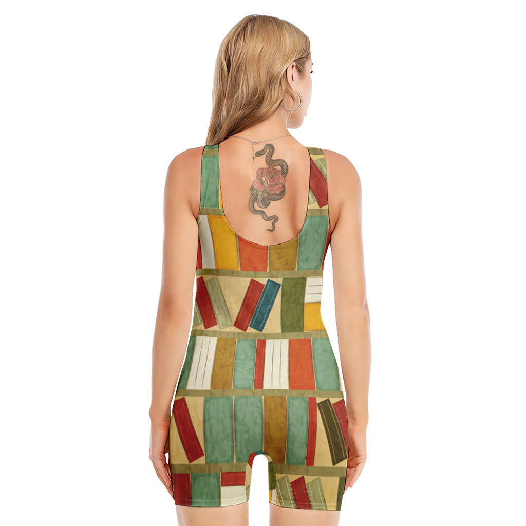 Watercolor Bookshelf Pattern Print Sleeveless One Piece Swimsuit