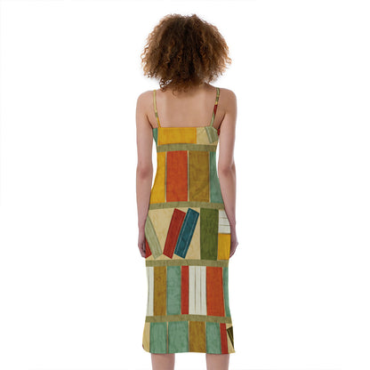 Watercolor Bookshelf Pattern Print Slim Fit Midi Cami Dress