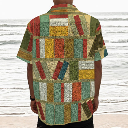 Watercolor Bookshelf Pattern Print Textured Short Sleeve Shirt