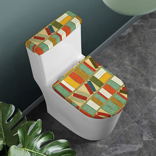 Watercolor Bookshelf Pattern Print Toilet Lid And Tank Cover Set