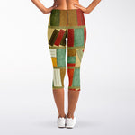 Watercolor Bookshelf Pattern Print Women's Capri Leggings