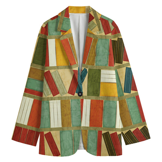 Watercolor Bookshelf Pattern Print Women's Cotton Blazer