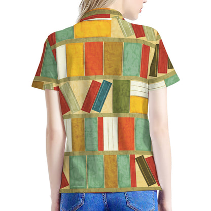 Watercolor Bookshelf Pattern Print Women's Polo Shirt