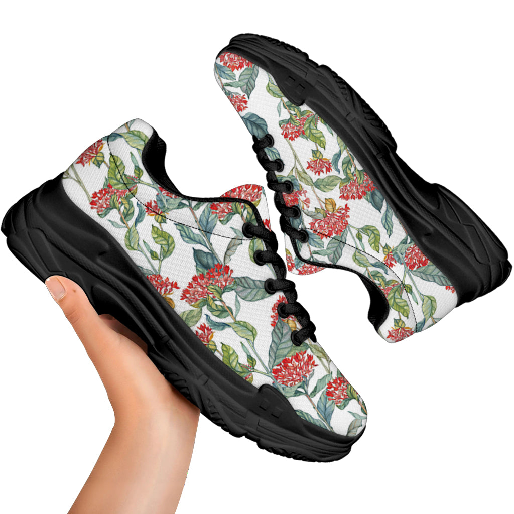 Watercolor Bouvardia Print Black Chunky Shoes