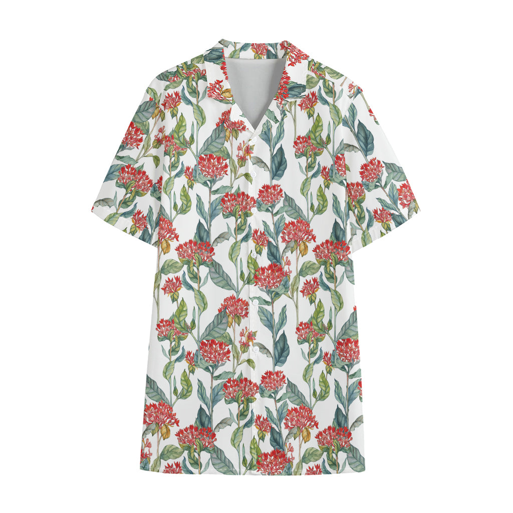 Watercolor Bouvardia Print Cotton Hawaiian Shirt