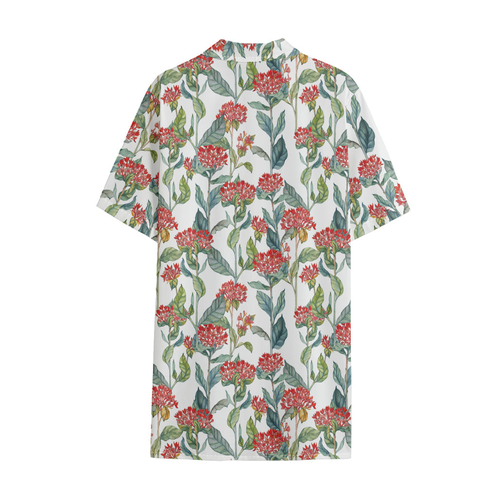 Watercolor Bouvardia Print Cotton Hawaiian Shirt