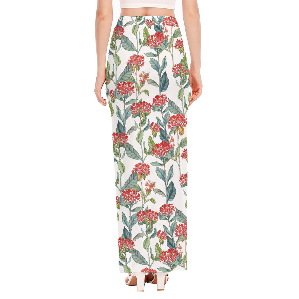 Watercolor Bouvardia Print High Slit Maxi Skirt