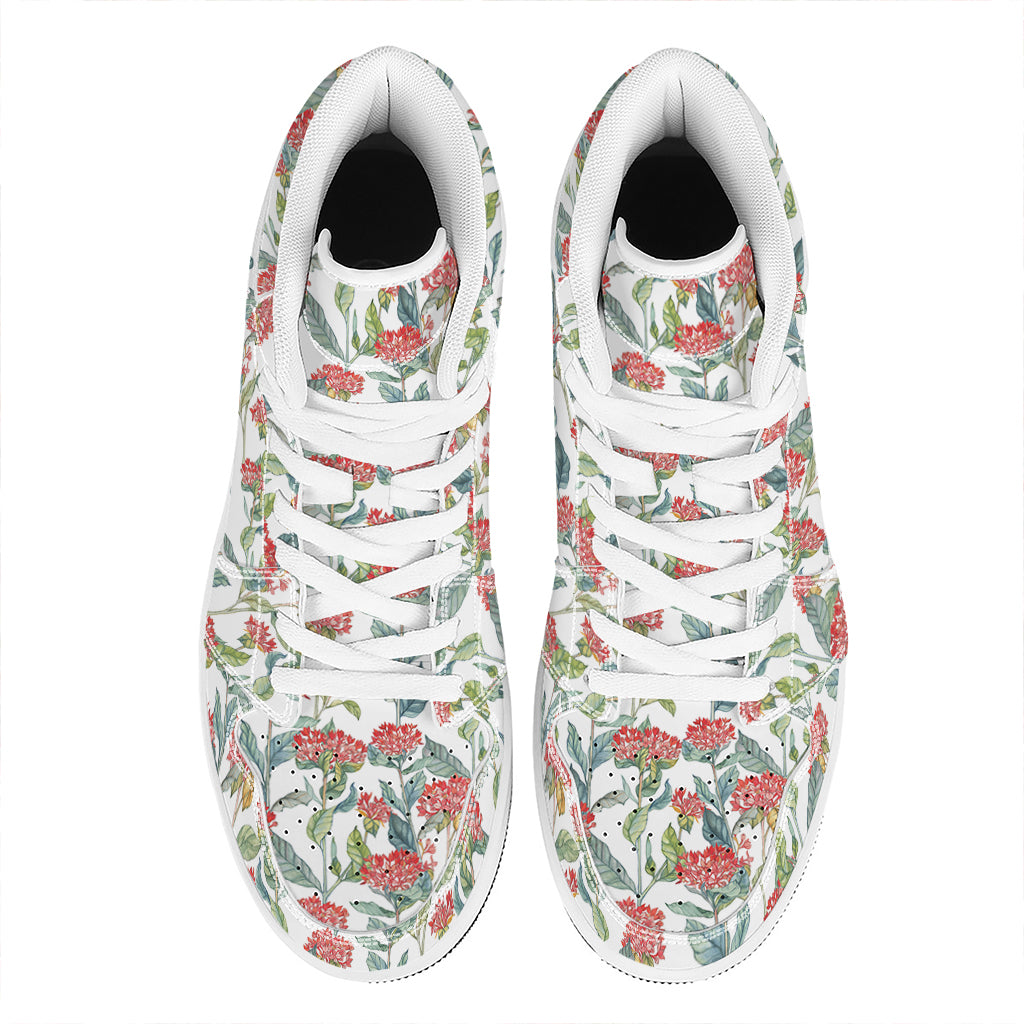 Watercolor Bouvardia Print High Top Leather Sneakers