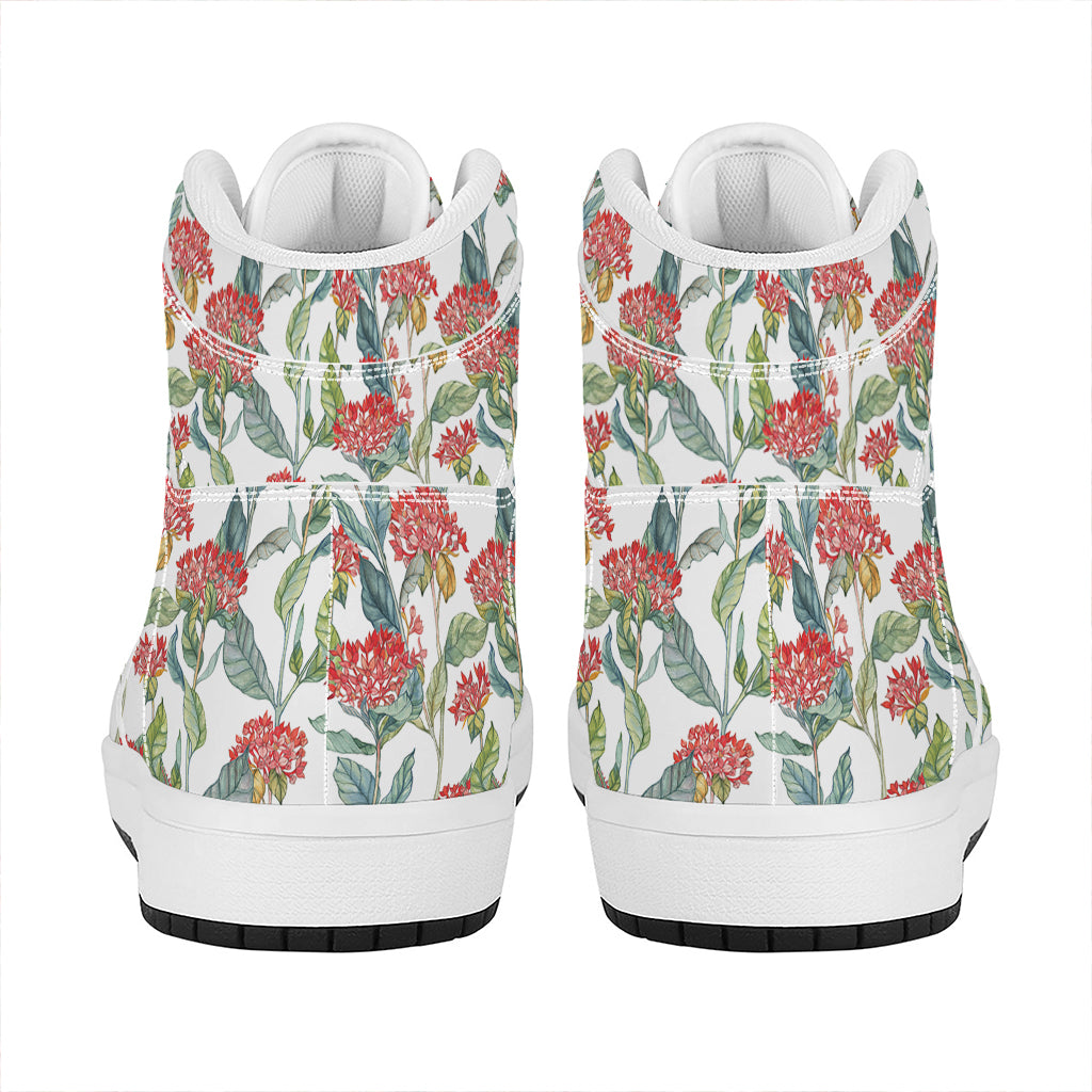 Watercolor Bouvardia Print High Top Leather Sneakers