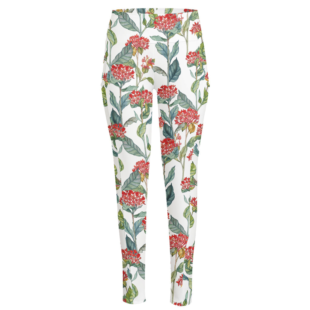 Watercolor Bouvardia Print High-Waisted Pocket Leggings