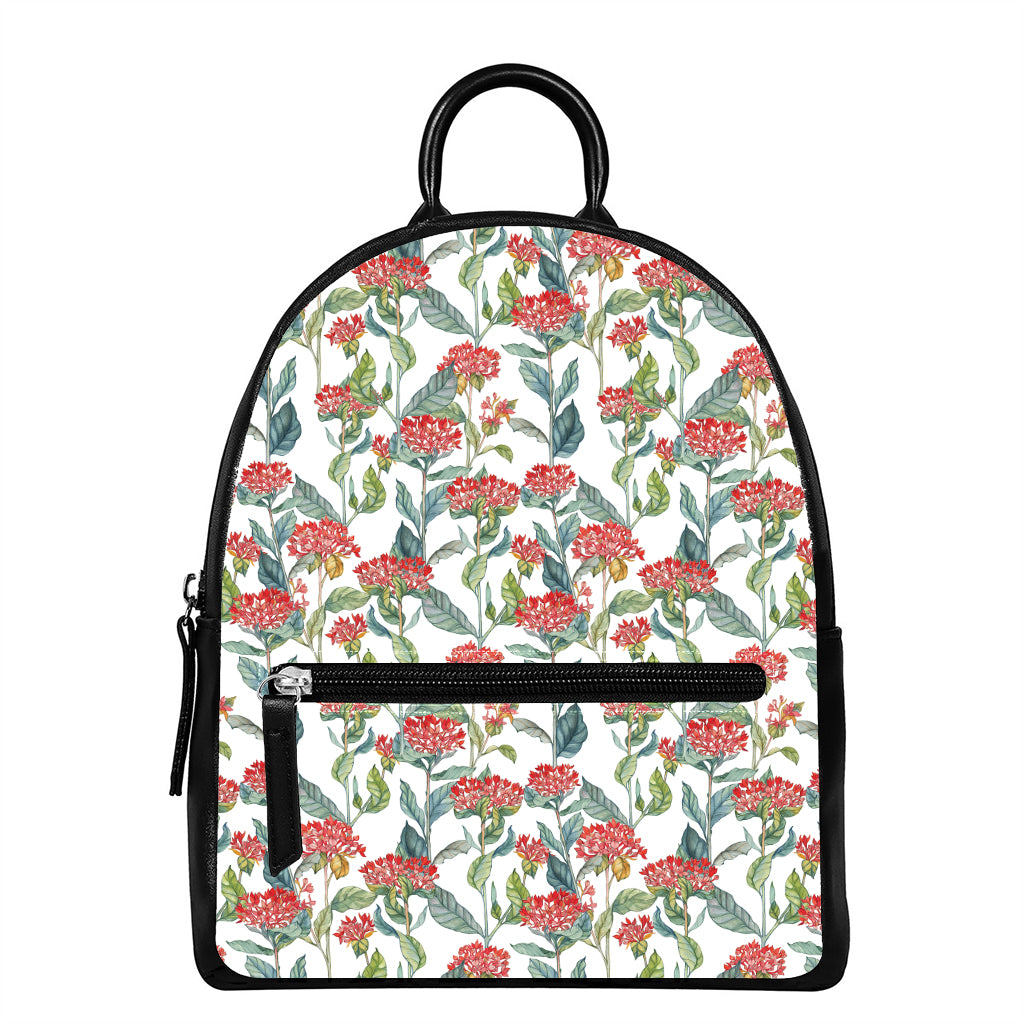 Watercolor Bouvardia Print Leather Backpack