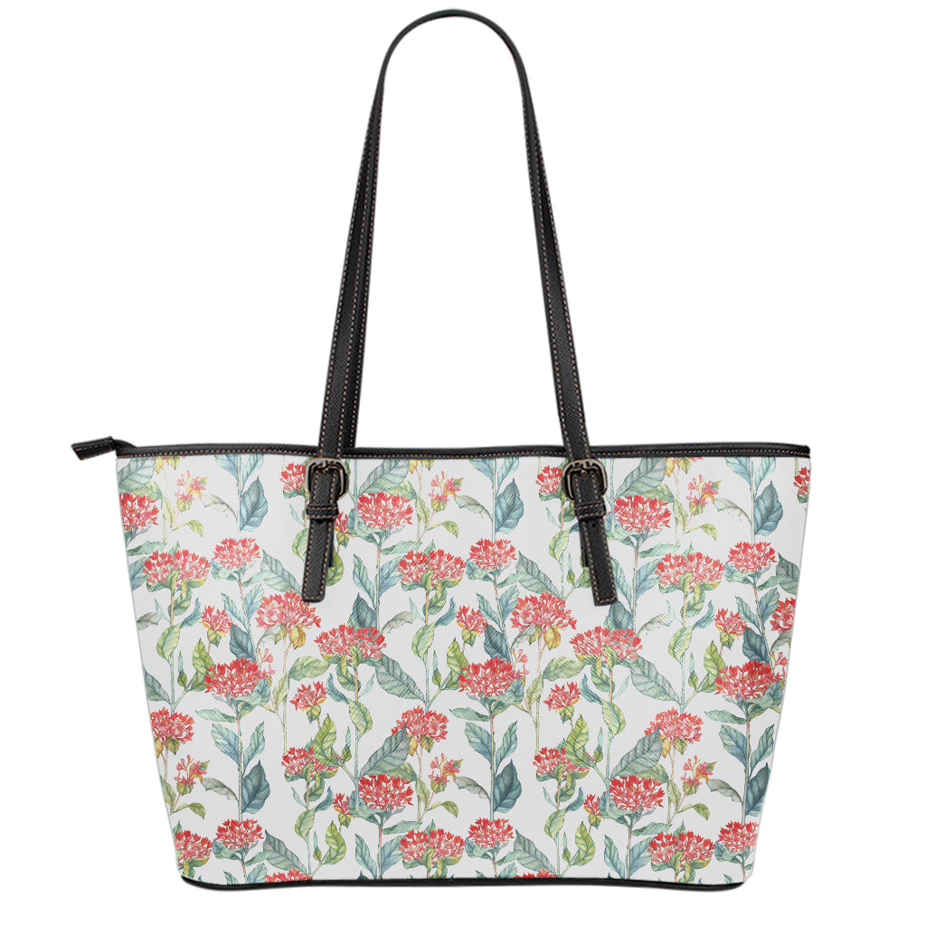 Watercolor Bouvardia Print Leather Tote Bag