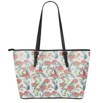 Watercolor Bouvardia Print Leather Tote Bag