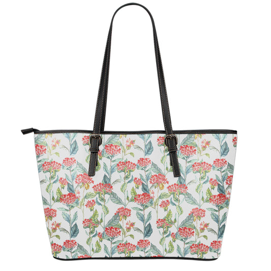 Watercolor Bouvardia Print Leather Tote Bag