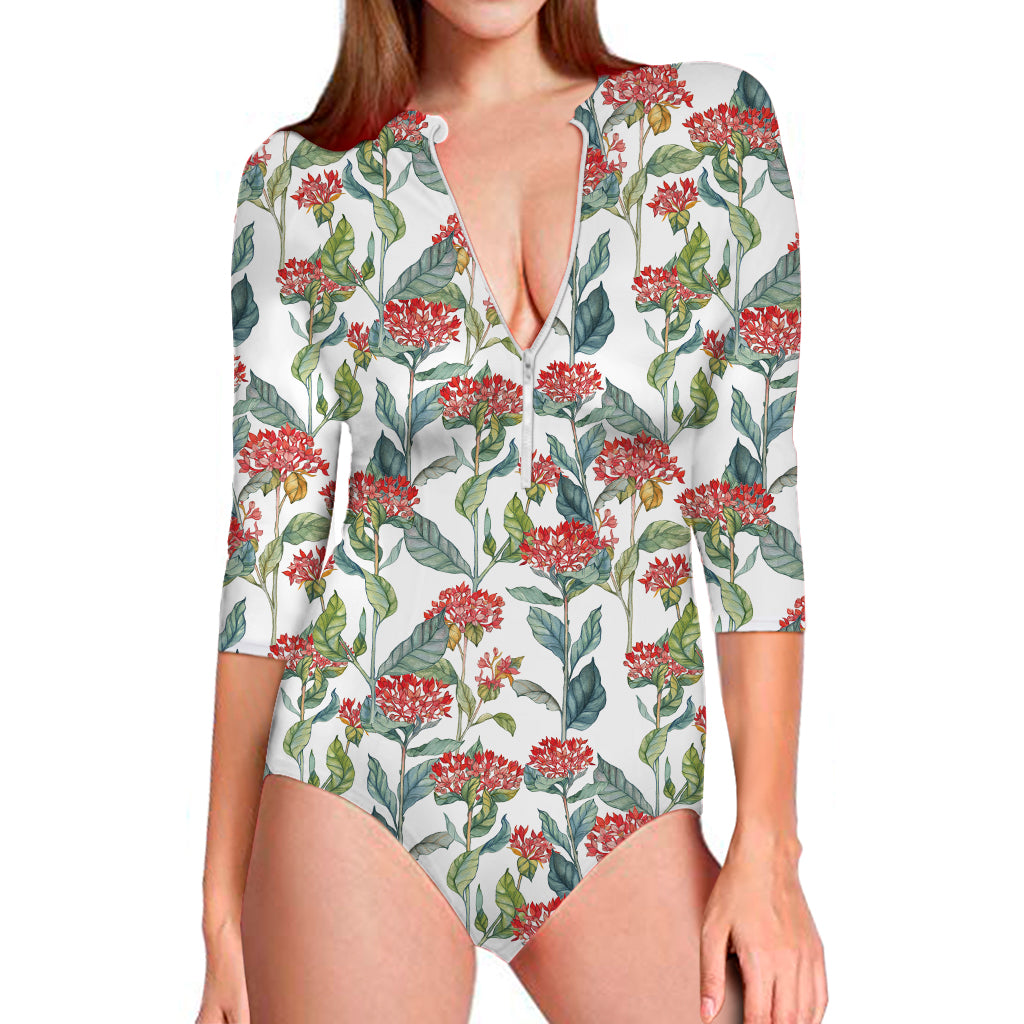 Watercolor Bouvardia Print Long Sleeve Swimsuit