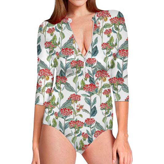 Watercolor Bouvardia Print Long Sleeve Swimsuit