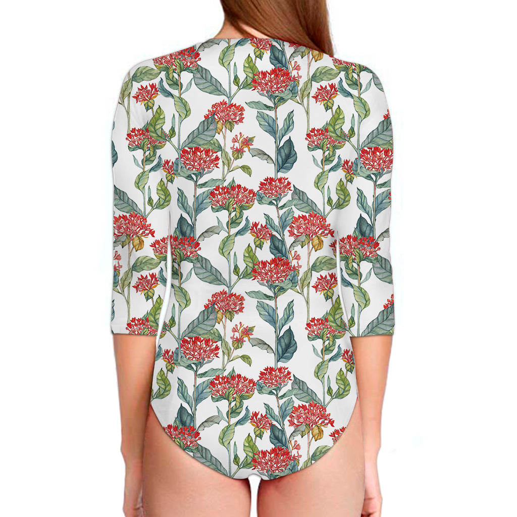 Watercolor Bouvardia Print Long Sleeve Swimsuit
