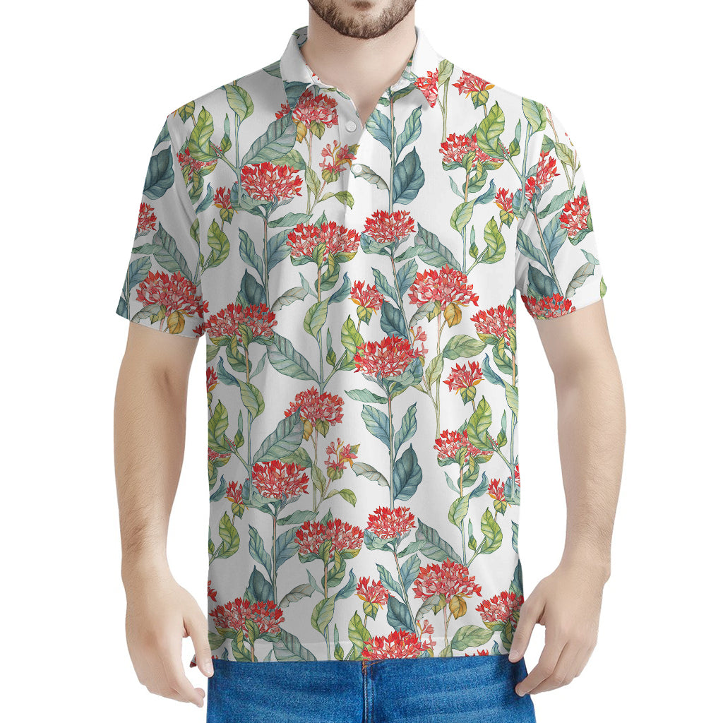 Watercolor Bouvardia Print Men's Polo Shirt