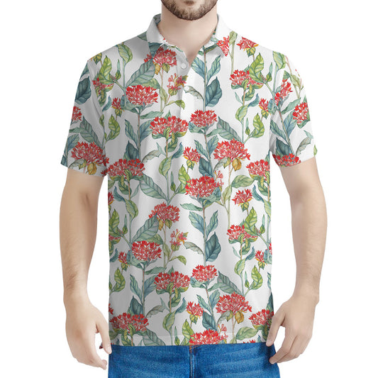 Watercolor Bouvardia Print Men's Polo Shirt