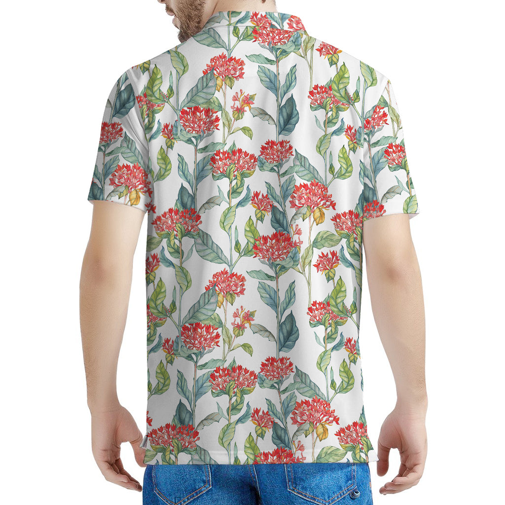 Watercolor Bouvardia Print Men's Polo Shirt