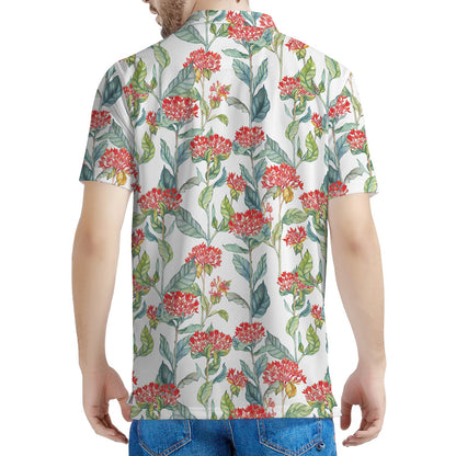 Watercolor Bouvardia Print Men's Polo Shirt