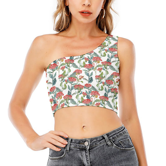 Watercolor Bouvardia Print One Shoulder Crop Top