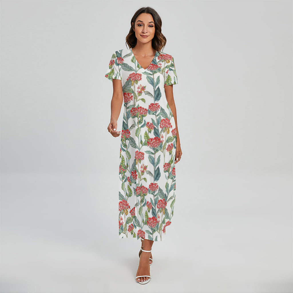 Watercolor Bouvardia Print Short Sleeve Maxi Dress