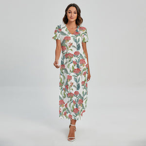 Watercolor Bouvardia Print Short Sleeve Maxi Dress