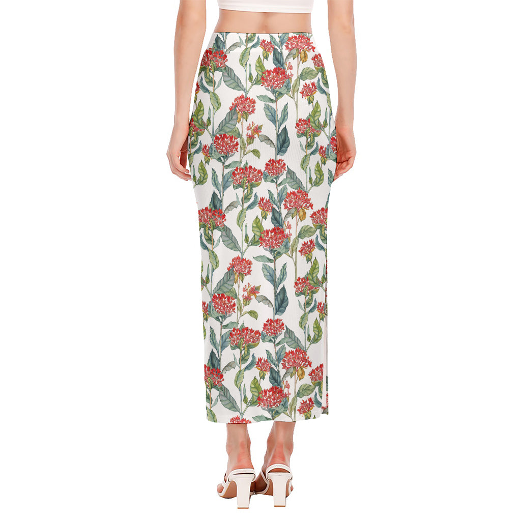 Watercolor Bouvardia Print Side Slit Maxi Skirt