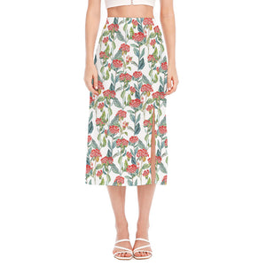 Watercolor Bouvardia Print Side Slit Midi Skirt