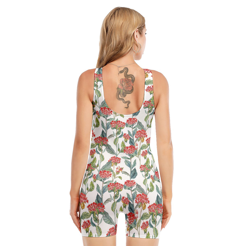 Watercolor Bouvardia Print Sleeveless One Piece Swimsuit