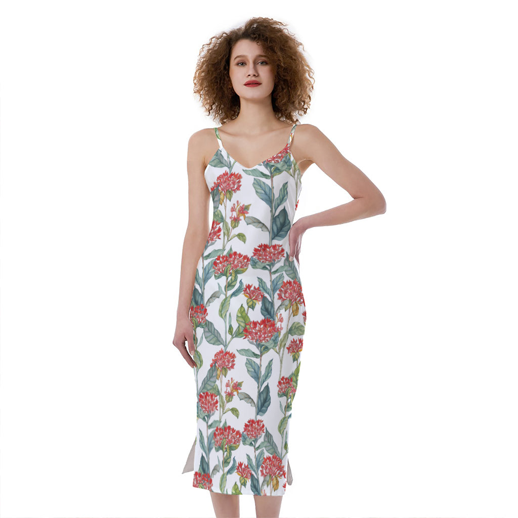 Watercolor Bouvardia Print Slim Fit Midi Cami Dress