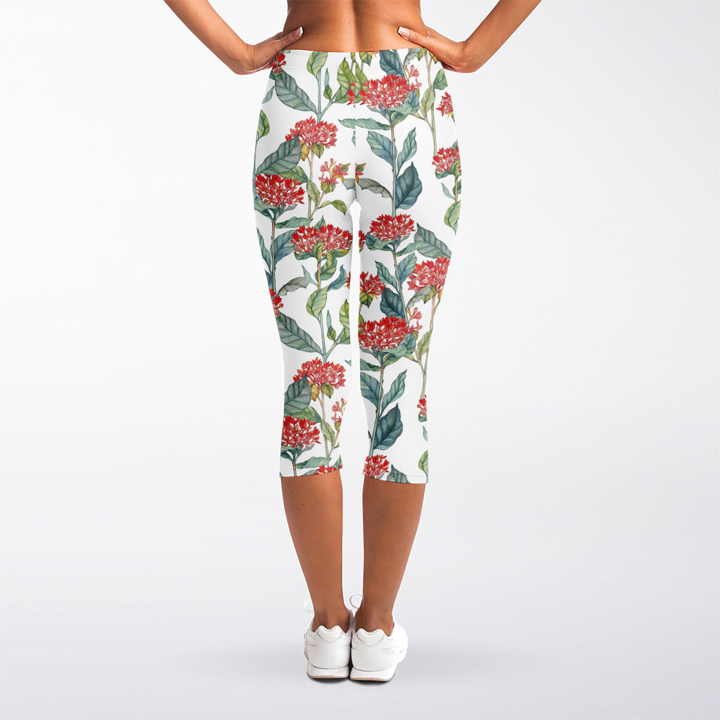 Watercolor Bouvardia Print Women's Capri Leggings