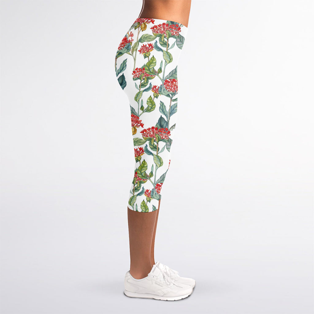 Watercolor Bouvardia Print Women's Capri Leggings