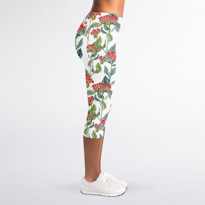 Watercolor Bouvardia Print Women's Capri Leggings